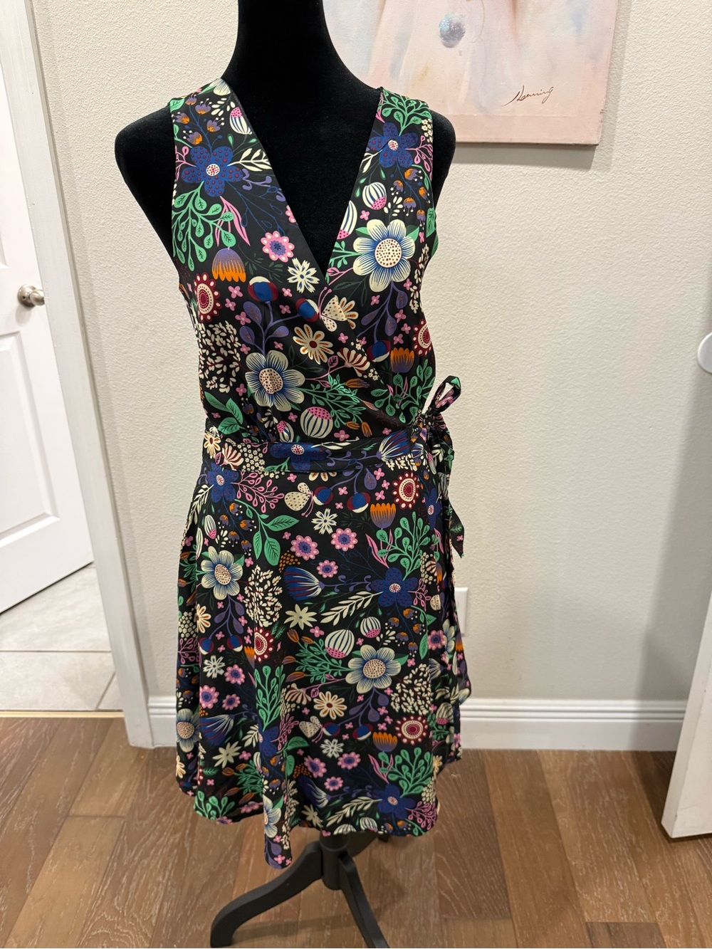 Sleeveless Black Floral Wrap Dress with Tie Waist
